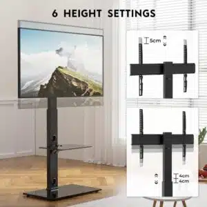 Support TV pied pivotant Bontec avec gestion des câbles et étagères en verre, montage sans perçage