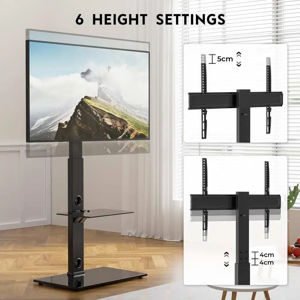 Support TV pied pivotant Bontec avec gestion des câbles et étagères en verre, montage sans perçage