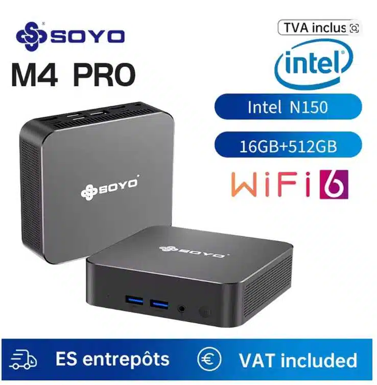 Mini PC SOYO M4 Pro avec Windows 11 Pro, 16 Go RAM DDR4, 512 Go SSD, affichage triple 4K et WiFi 6