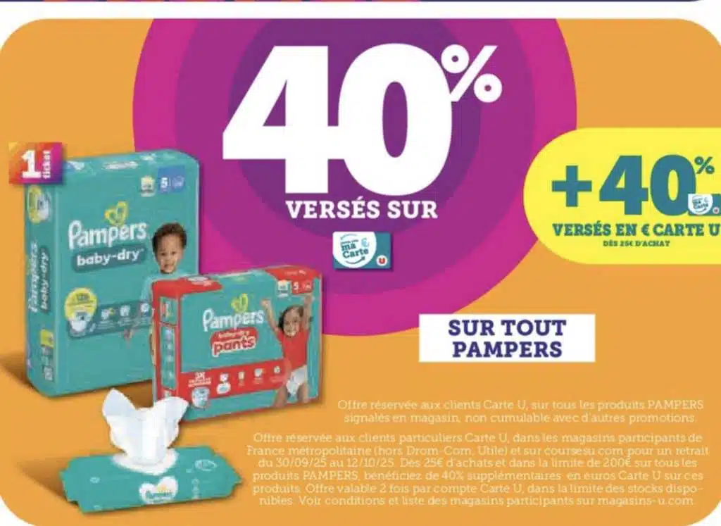 Offre Pampers Carte U 40% en magasin et en ligne sur les produits Pampers signalés