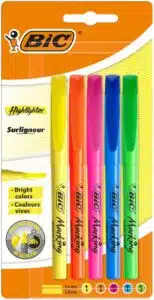 Surligneurs BIC Highlighter pointe fine en 5 couleurs: jaune, orange, rose, vert et bleu, encre à base d'eau, sans bavure