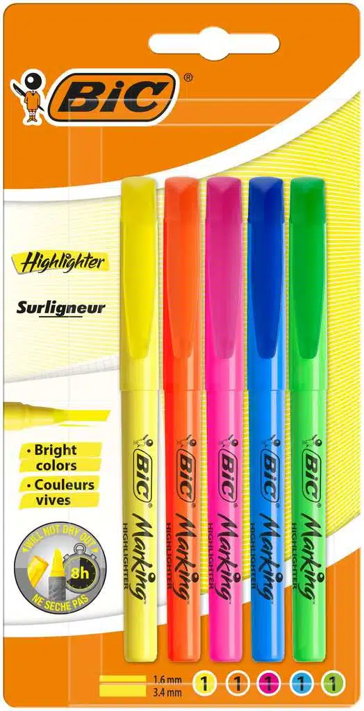 Surligneurs BIC Highlighter pointe fine en 5 couleurs: jaune, orange, rose, vert et bleu, encre à base d'eau, sans bavure