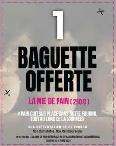 Offre baguette 250g offerte à Mérignac lors de la réouverture de La Mie de Pain