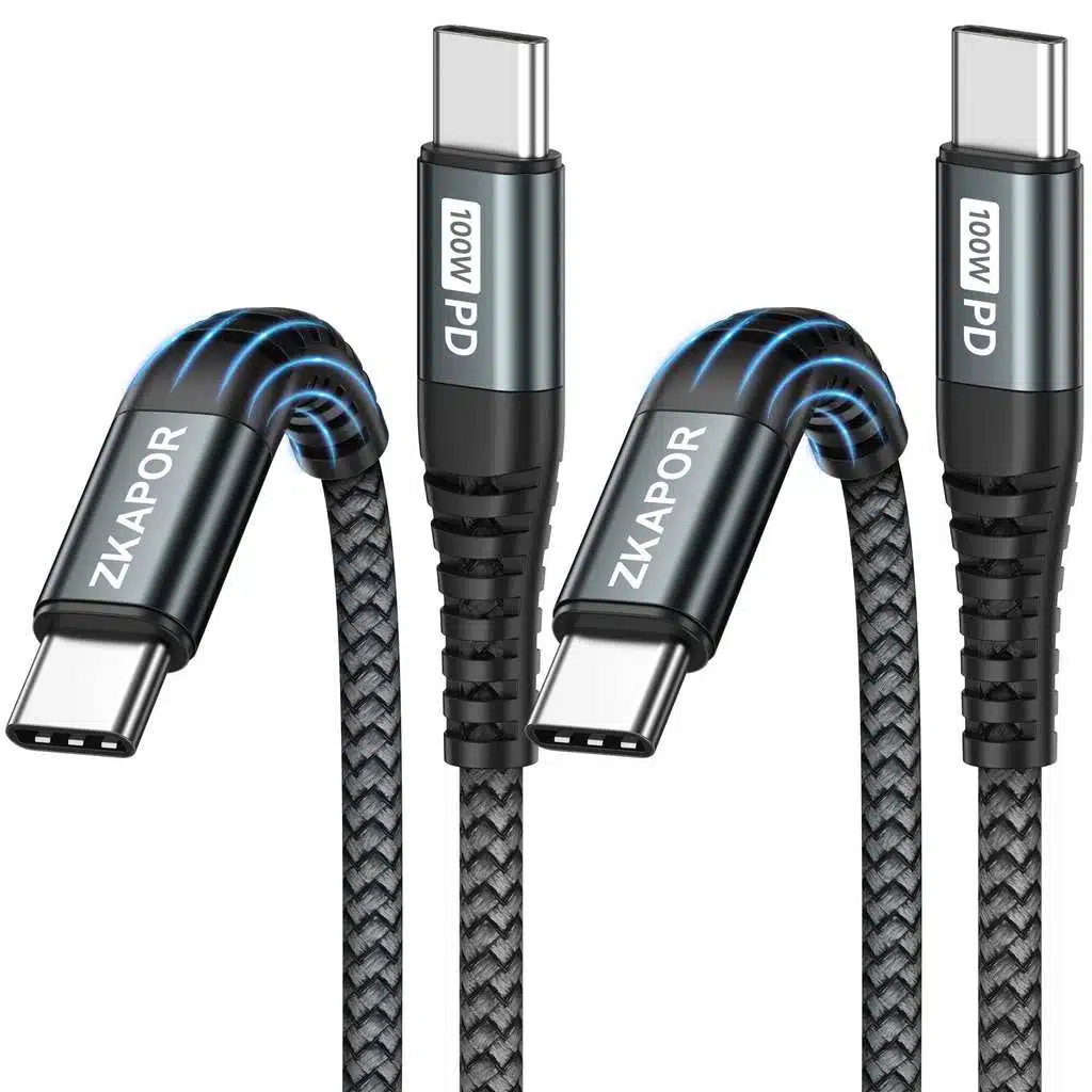 Câble USB-C ZKAPOR 100W 2m, tressé nylon double couche, connecteurs renforcés, charge rapide jusqu'à 100W