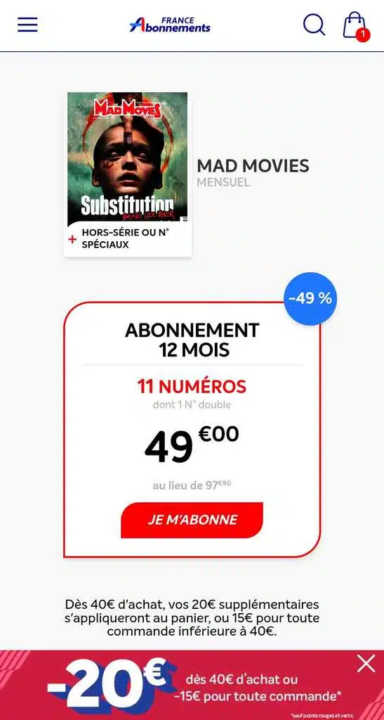 Visuel promotion Mad Movies Abonnement 12 mois France - horreur