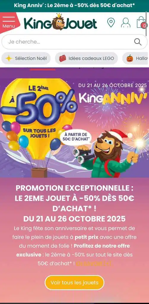 Promo King Jouet: le 2e jouet à -50% dès 50€ d’achat du 21 au 26 octobre 2025