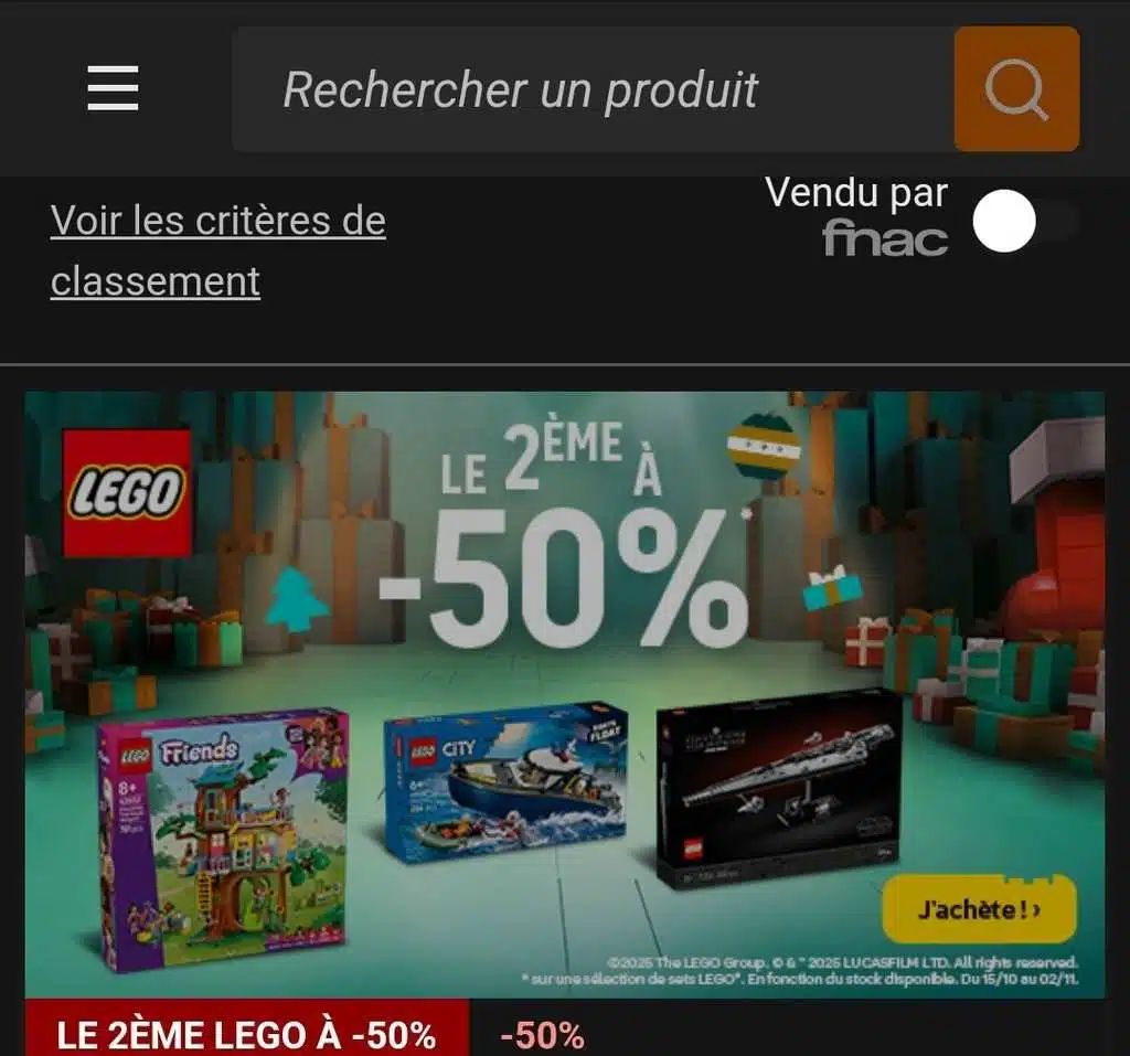 Promotion du deuxième LEGO à -50% chez Fnac: achetez 2 LEGO différents et bénéficiez de l'offre