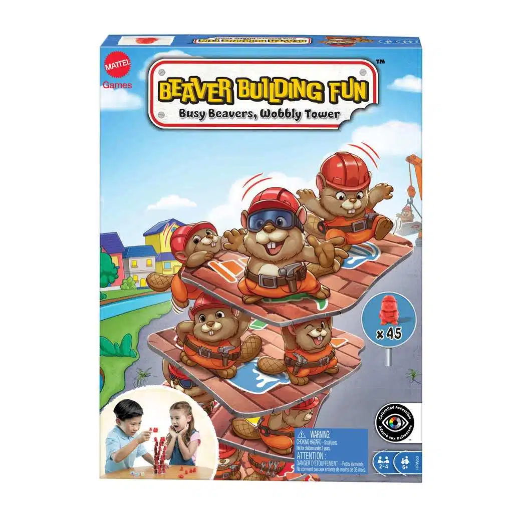 Castors Cass'Tour par Mattel Games - jeu familial avec des castors sur des plaques et une tour