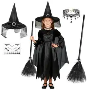 Déguisement Sorcière pour fille NEUFOOD Halloween - robe-cape noire, balai et accessoires