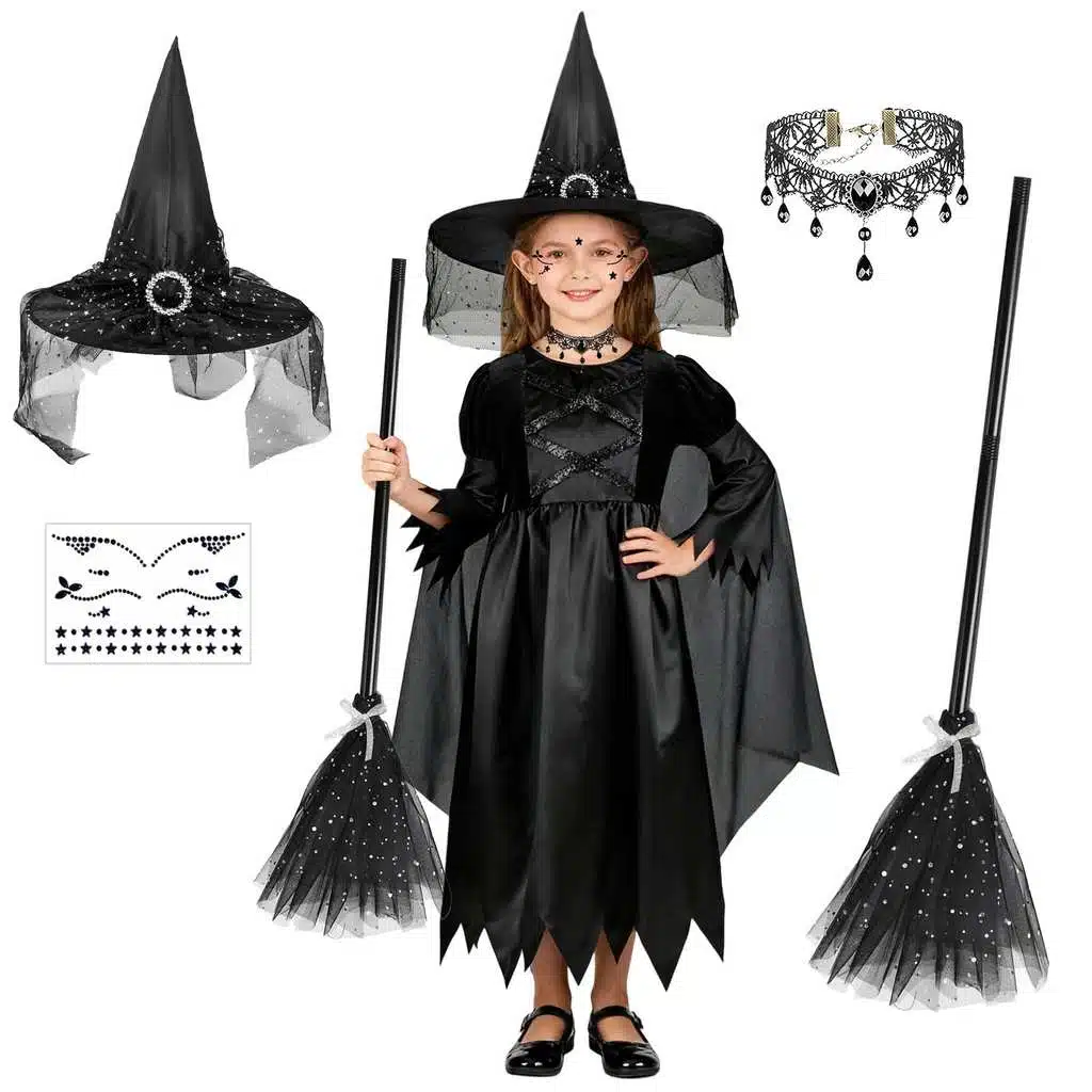Déguisement Sorcière pour fille NEUFOOD Halloween - robe-cape noire, balai et accessoires