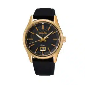 Montre Seiko Neo Classic SUR560P1 noir, boîtier plaqué or 39,5 mm, verre saphir, 10 ATM, bracelet silicone noir