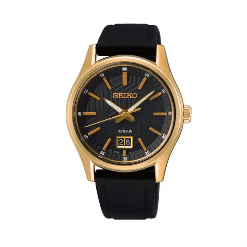 Montre Seiko Neo Classic SUR560P1 noir, boîtier plaqué or 39,5 mm, verre saphir, 10 ATM, bracelet silicone noir