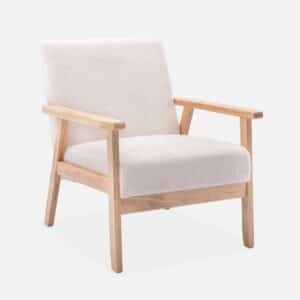 Fauteuil Isak scandinave bouclette crème en bois de peuplier et pieds Hévéa - design nordique
