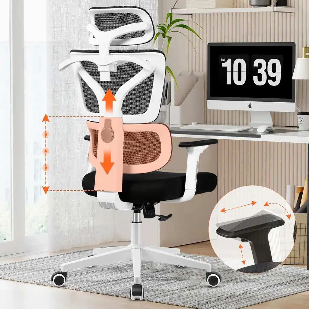 Fauteuil de bureau ergonomique Kerdom avec double soutien lombaire, accoudoirs 3D et maillage