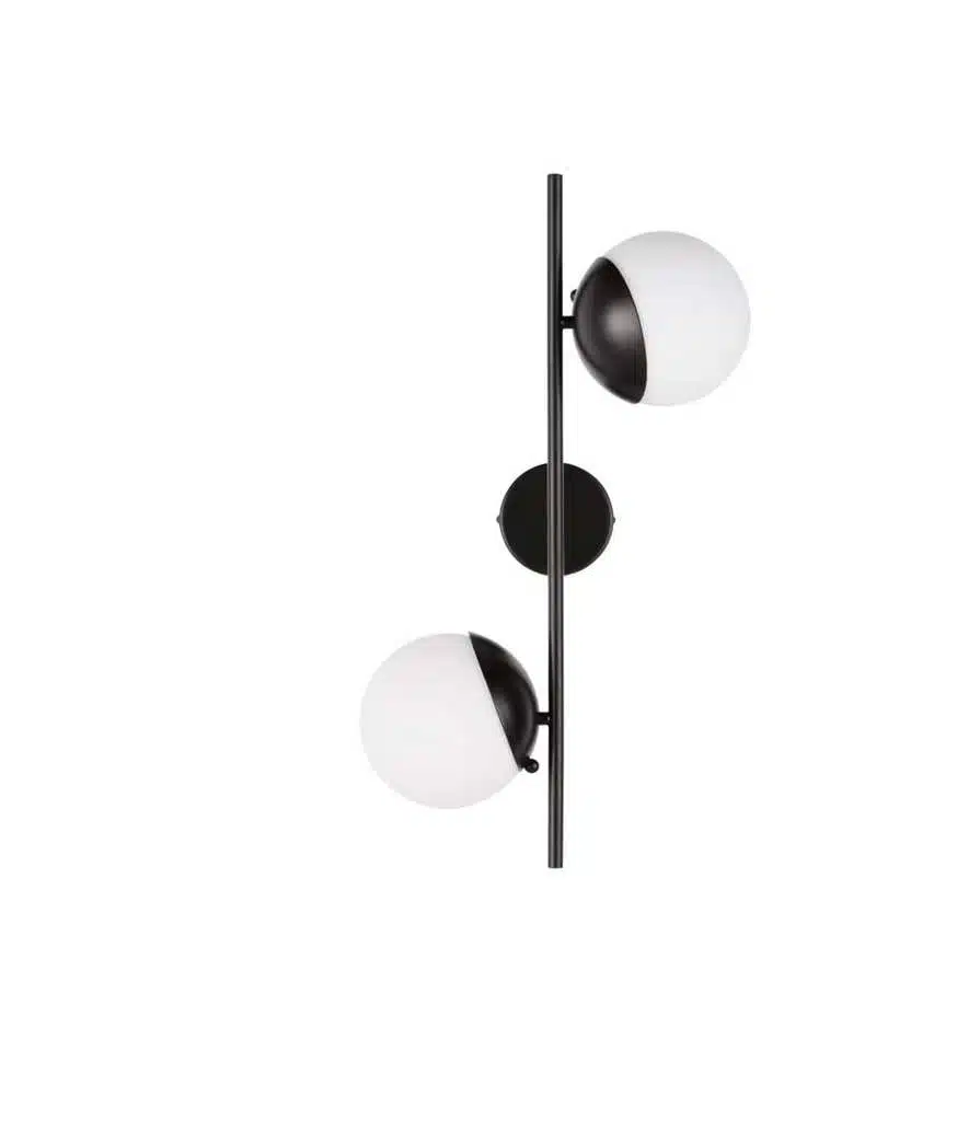 Applique murale noire avec deux globes en verre dépoli, style industriel pour couloir ou entrée