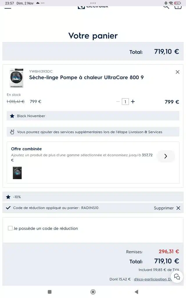 Electrolux Ultracare 800 sèche-linge - offre Black Friday en France avec livraison incluse et code RADINS10