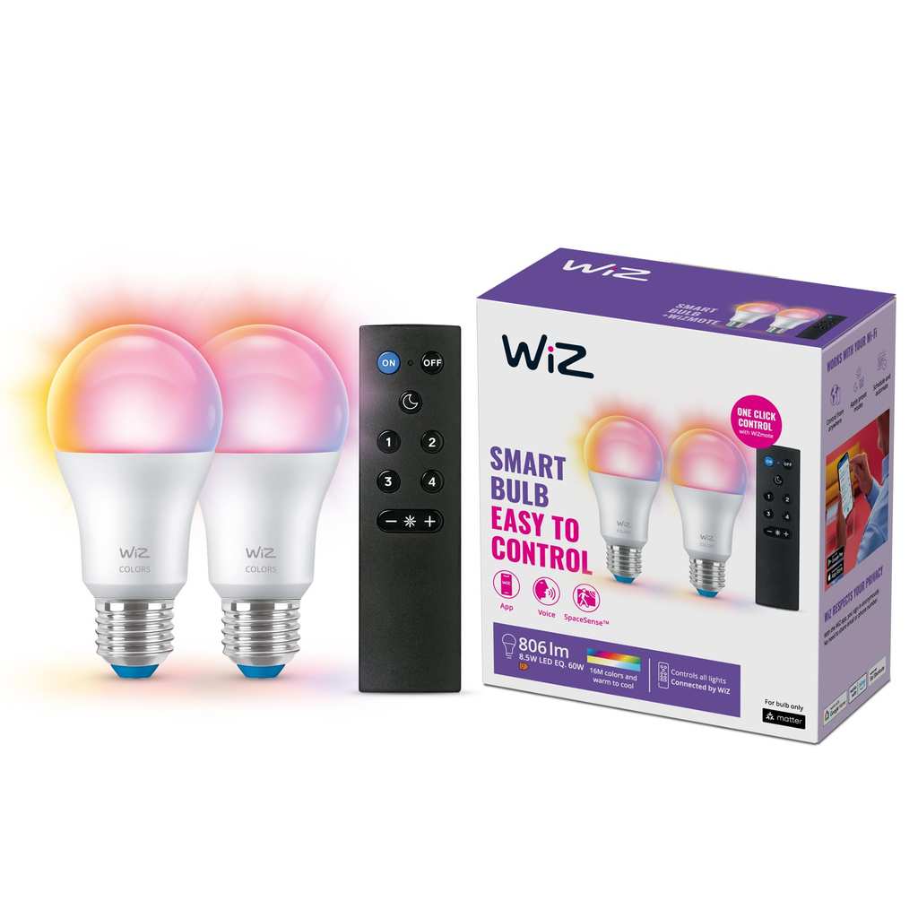 Ampoules WiZ E27 connectées WiFi Space Sense, 16 millions de couleurs, compatibles avec Apple HomeKit, Google Assistant et Amazon Alexa, 8,5 Watts, base E27