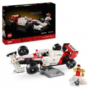 Affiche produit LEGO Icons McLaren MP4/4 et Ayrton Senna - maquette détaillée et présentation premium