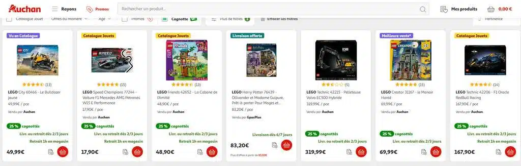 Crédit cagnotte fidélité Lego Auchan 25% utilisable en ligne et en magasin jusqu'au 17 novembre 2025
