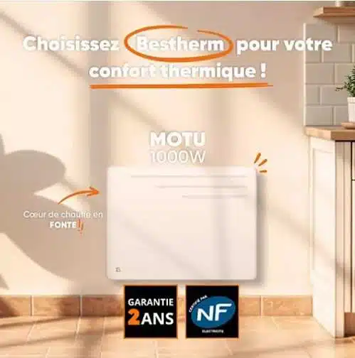 Radiateur BESTHERM 1000W inertie fonte – sécurité et confort thermique