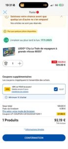 Train LEGO 60337 grande vitesse Lidl France avec promotion Lidl+ et cashback