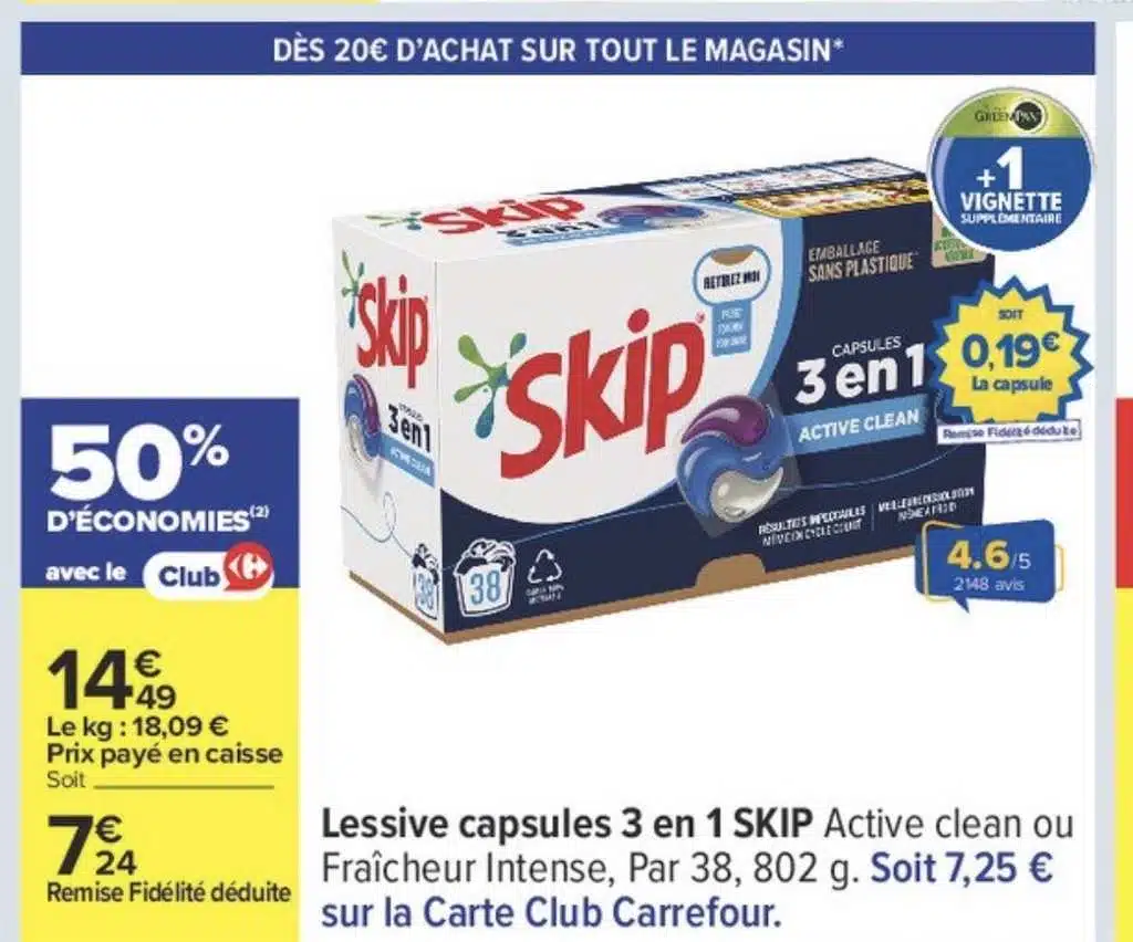 Capsules de lessive Skip Tout en 1 Fraîcheur intense – promo Club Carrefour