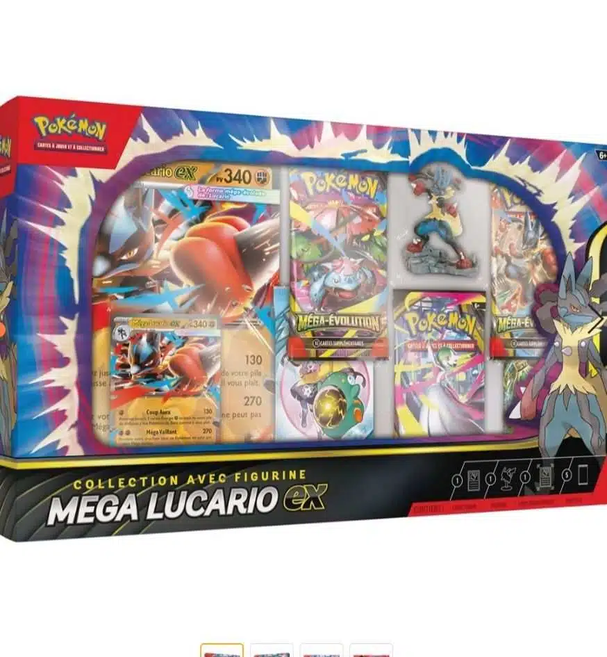 Coffret Pokémon Premium Lucario EX – Leclerc Varennes-sur-Seine avec Lucario EX et figurine Mega-Lucario