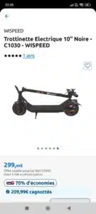 Wispeed C10-30 Trottinette Noire - autonomie 30 km, vitesse 25 km/h, charge utile 120 kg