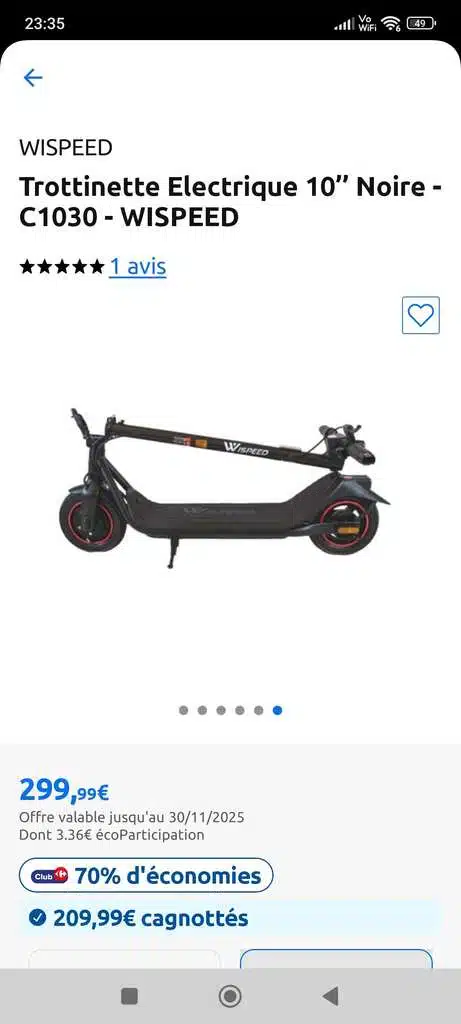 Wispeed C10-30 Trottinette Noire - autonomie 30 km, vitesse 25 km/h, charge utile 120 kg