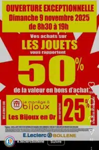 Réduction 50% sur le rayon jouets chez Leclerc Bollène - bon d'achat utilisable en station-service
