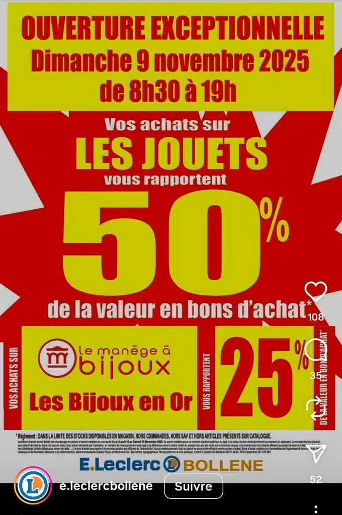 Réduction 50% sur le rayon jouets chez Leclerc Bollène - bon d'achat utilisable en station-service