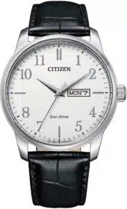 Montre Citizen BM8550-14AE Eco-Drive en acier inoxydable avec bracelet en cuir, étanche 100 m, affichage date et jour