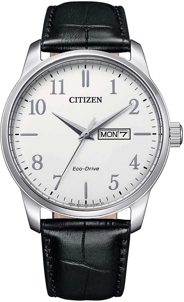 Montre Citizen BM8550-14AE Eco-Drive en acier inoxydable avec bracelet en cuir, étanche 100 m, affichage date et jour