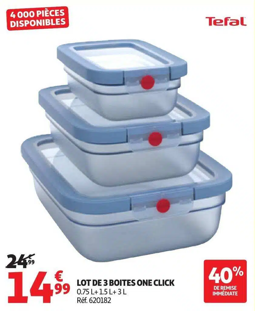 TEFAL One Click Boxes – Offre Auchan France: 3 boîtes empilables avec fermetures hermétiques