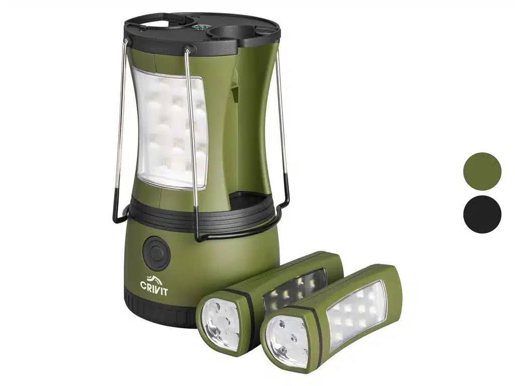Lampe Crivit camping 2-en-1 avec base, arceaux pliables, 2 lampes amovibles, boussole intégrée et câble USB-C