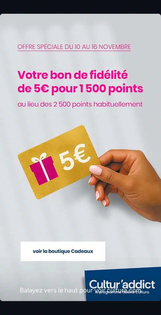 Bon Cultura de 5€ échangeable contre 1500 points via Avantahz fidélité boosté