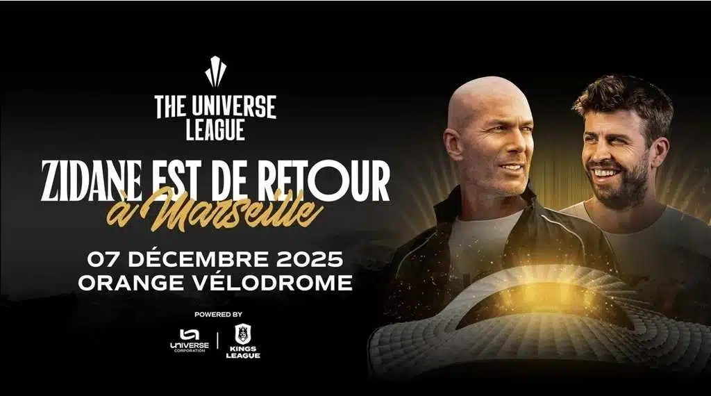 Affiche Universe League Kings League au Orange Vélodrome à Marseille avec Zidane et légendes