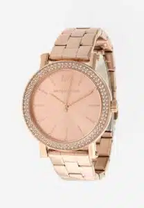 Montre rose doré en acier inoxydable avec verre minéral et mouvement quartz – cadran 3,9 cm, bracelet 1,8 cm