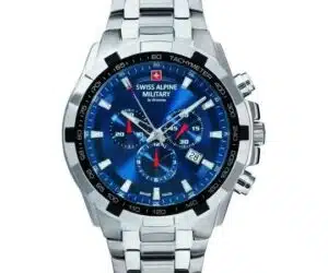Montre Swiss Alpine Military Chronographe Quartz 46mm – cadran bleu lumineux, étanchéité 10 ATM, bracelet acier