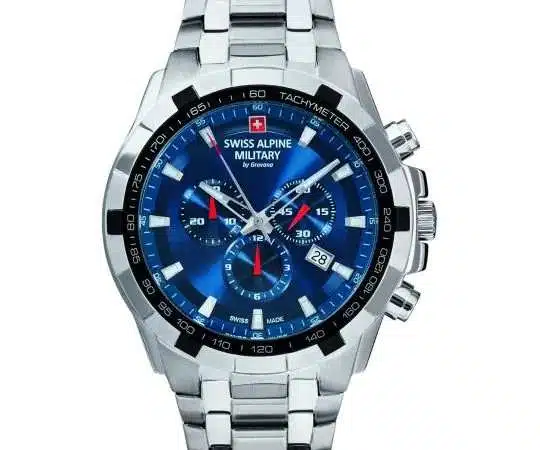 Montre Swiss Alpine Military Chronographe Quartz 46mm – cadran bleu lumineux, étanchéité 10 ATM, bracelet acier