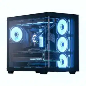 Vue du boîtier Aerocool P500C Mid Tower noir avec façade en verre trempé, ARGB et filtres magnétiques
