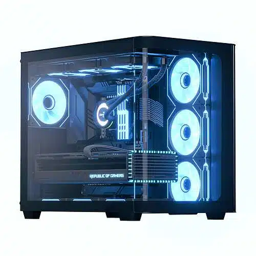 Vue du boîtier Aerocool P500C Mid Tower noir avec façade en verre trempé, ARGB et filtres magnétiques