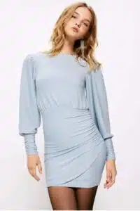 Robe fourreau Springfield bleu, manches longues, col rond, fermeture goutte dos, tailles S et L