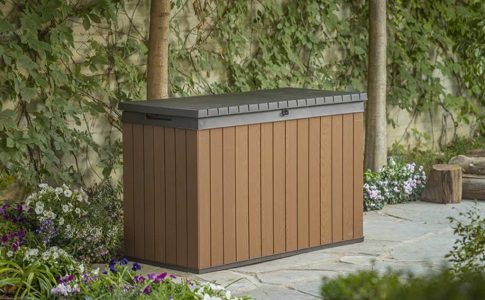 coffre de jardin en bois marron avec grande capacité de stockage
