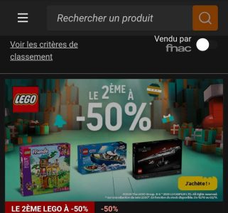 Promotion du deuxième LEGO à -50% chez Fnac: achetez 2 LEGO différents et bénéficiez de l'offre