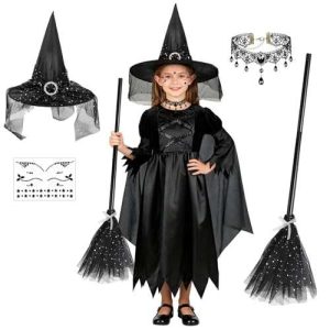 Déguisement Sorcière Neufood pour Fille 120 cm - costume Halloween noir avec balai et chapeau