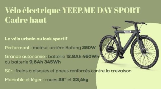 Vélo Électrique Day Sport 60km cadre aluminium 28'' courroie Gates Carbon et batterie amovible