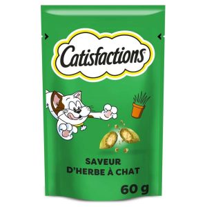 Friandises croquantes pour chat adulte et chaton avec cœur tendre, saveur herbe à chat, sans arôme artificiel, sachet refermable.
