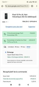 Pixel 10 Pro XL 256GB sur Google Store France - réduction immédiate, reprise et cashback éventuel